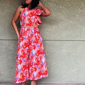 Floral crop one shoulder top and flare pant set.